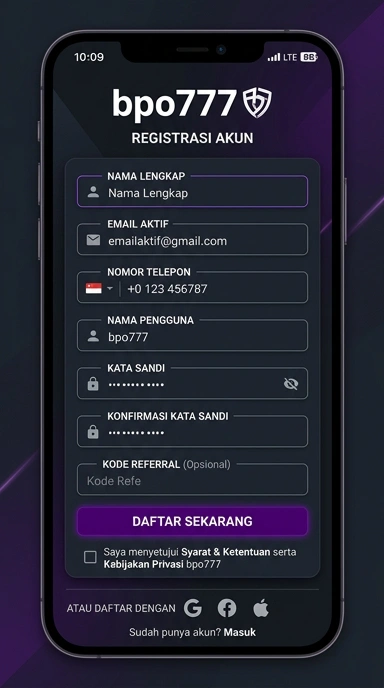 Tampilan halaman daftar bpo777