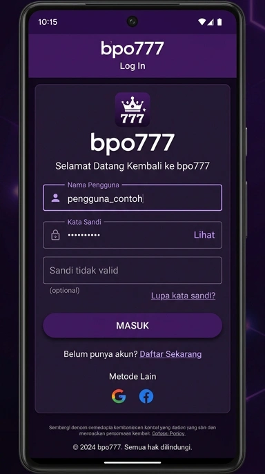 Tampilan halaman login bpo777